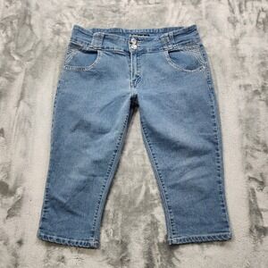 QQMY Jeans Womens 15/16 Blue Stretch Denim Rhinestone Embellished Capri Casual